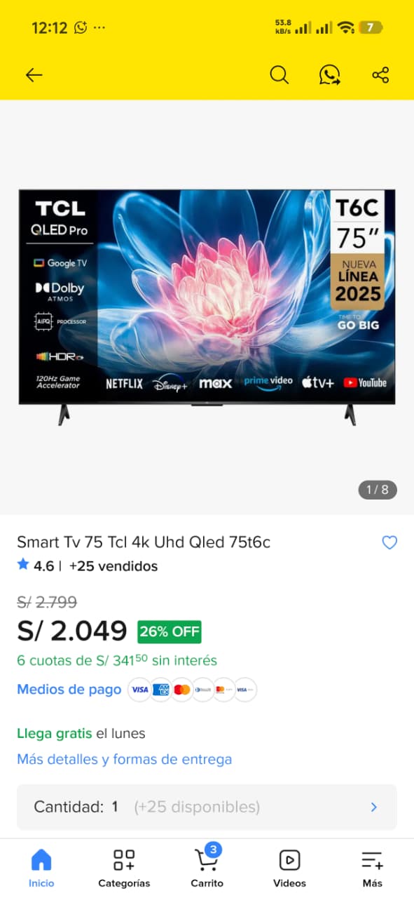 ¡Smart TV TCL 75″ a S/ 2,049! 🎉